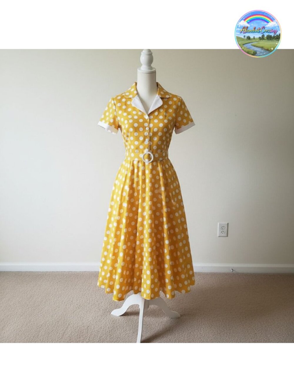 Vintage 1950s Retro Rockabilly Swing Dress Short Sleeve Peter Pan Collar A-Line